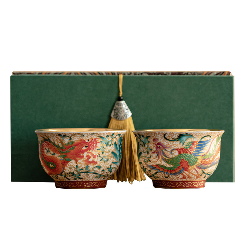 Ceșuță de ceai ceramică cu dragon și phoenix, stil palat, lucrată manual, în cutie cadou