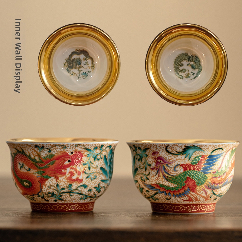 Ceșuță de ceai ceramică cu dragon și phoenix, stil palat, lucrată manual, în cutie cadou