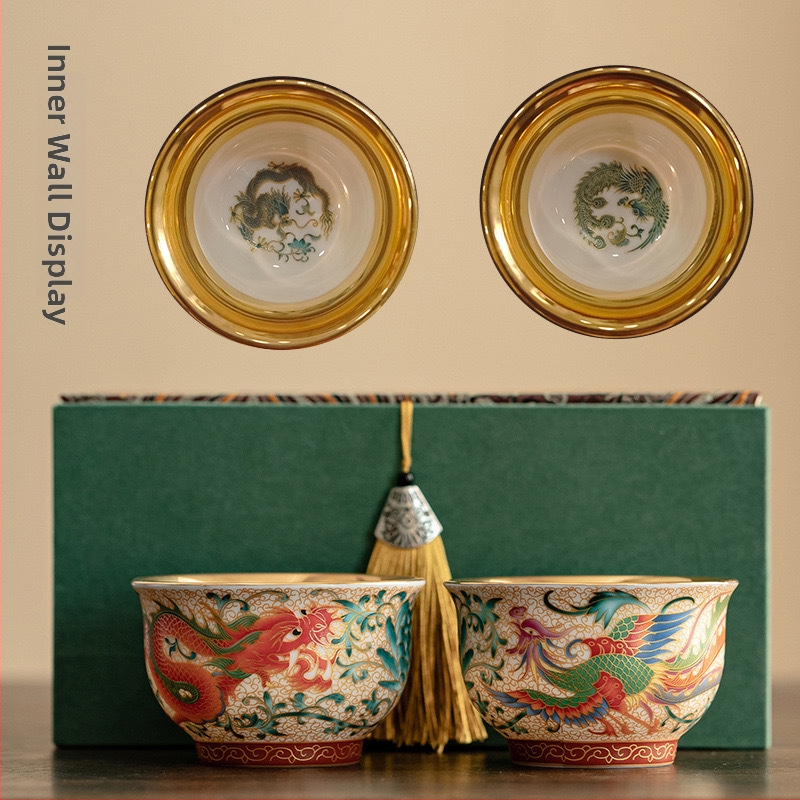 Ceșuță de ceai ceramică cu dragon și phoenix, stil palat, lucrată manual, în cutie cadou