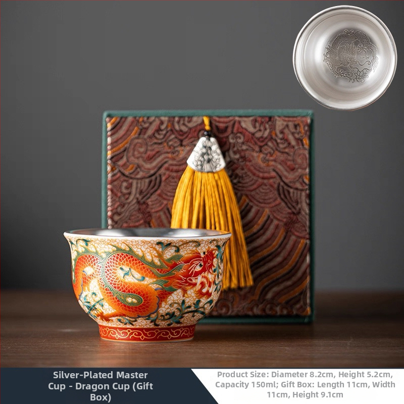 Ceșuță de ceai ceramică cu dragon și phoenix, stil palat, lucrată manual, în cutie cadou