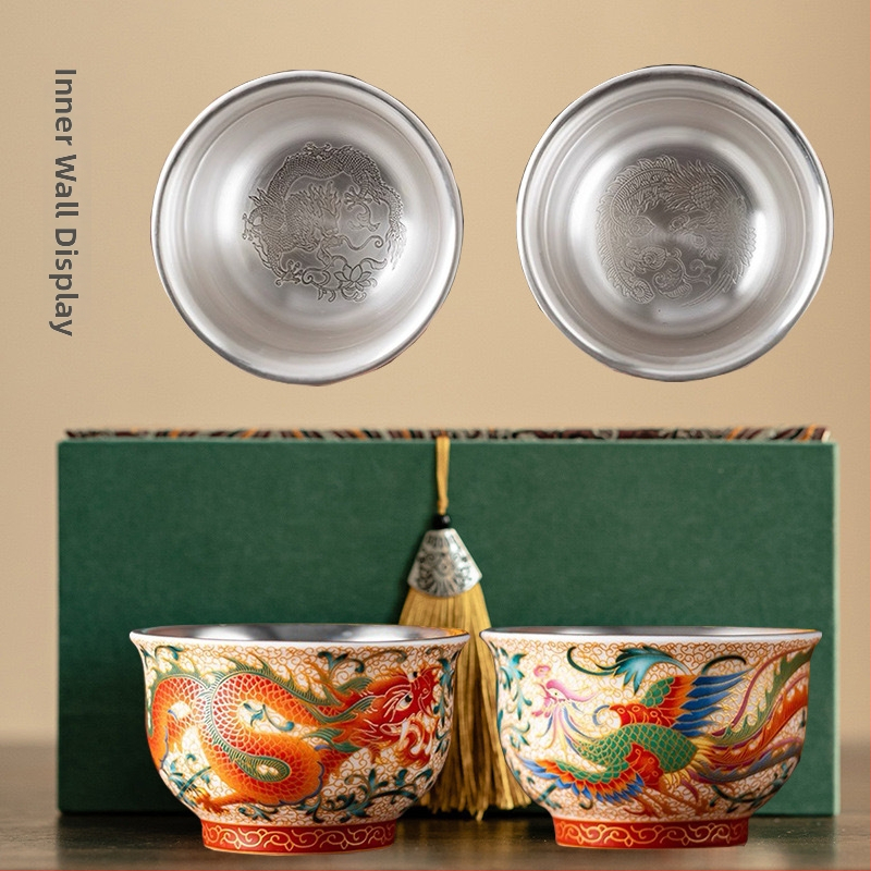 Ceșuță de ceai ceramică cu dragon și phoenix, stil palat, lucrată manual, în cutie cadou