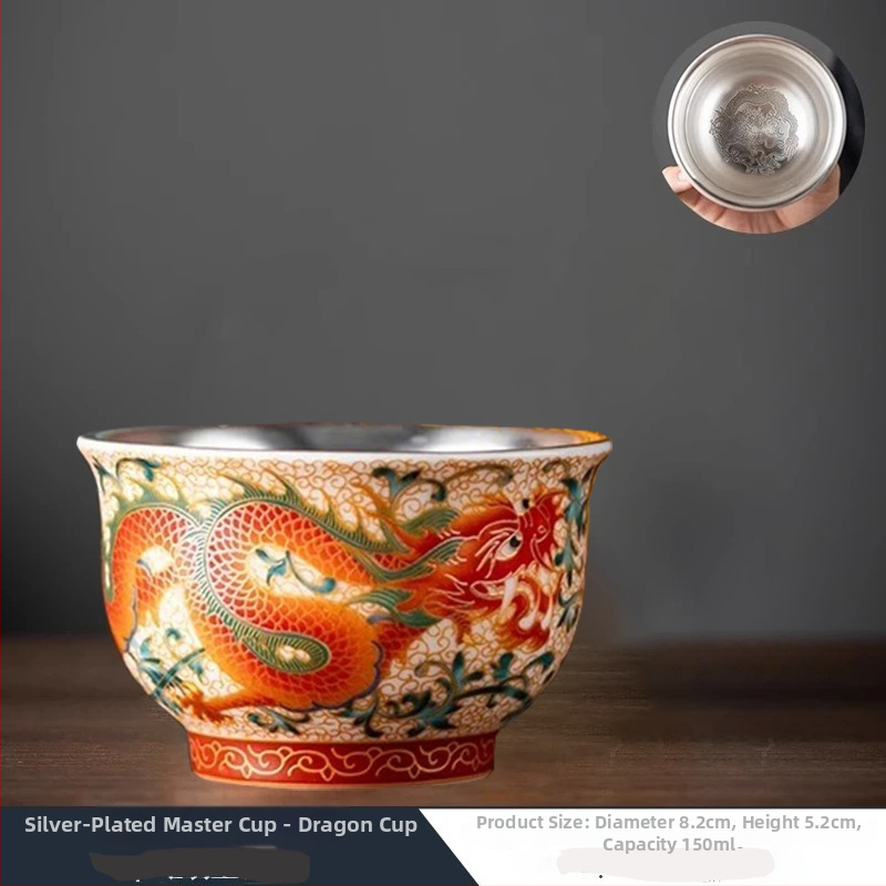 Ceșuță de ceai ceramică cu dragon și phoenix, stil palat, lucrată manual, în cutie cadou