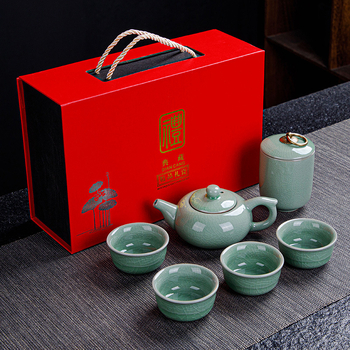 Ge Kiln Ru Kiln set de ceai Kung Fu din ceramică, cu logo imprimat, personalizabil, cutie cadou, pentru 3-5 persoane
