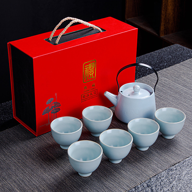 Ge Kiln Ru Kiln set de ceai Kung Fu din ceramică, cu logo imprimat, personalizabil, cutie cadou, pentru 3-5 persoane