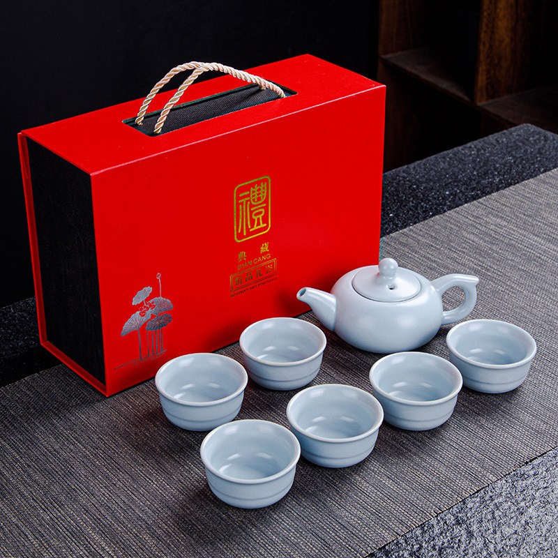 Ge Kiln Ru Kiln set de ceai Kung Fu din ceramică, cu logo imprimat, personalizabil, cutie cadou, pentru 3-5 persoane