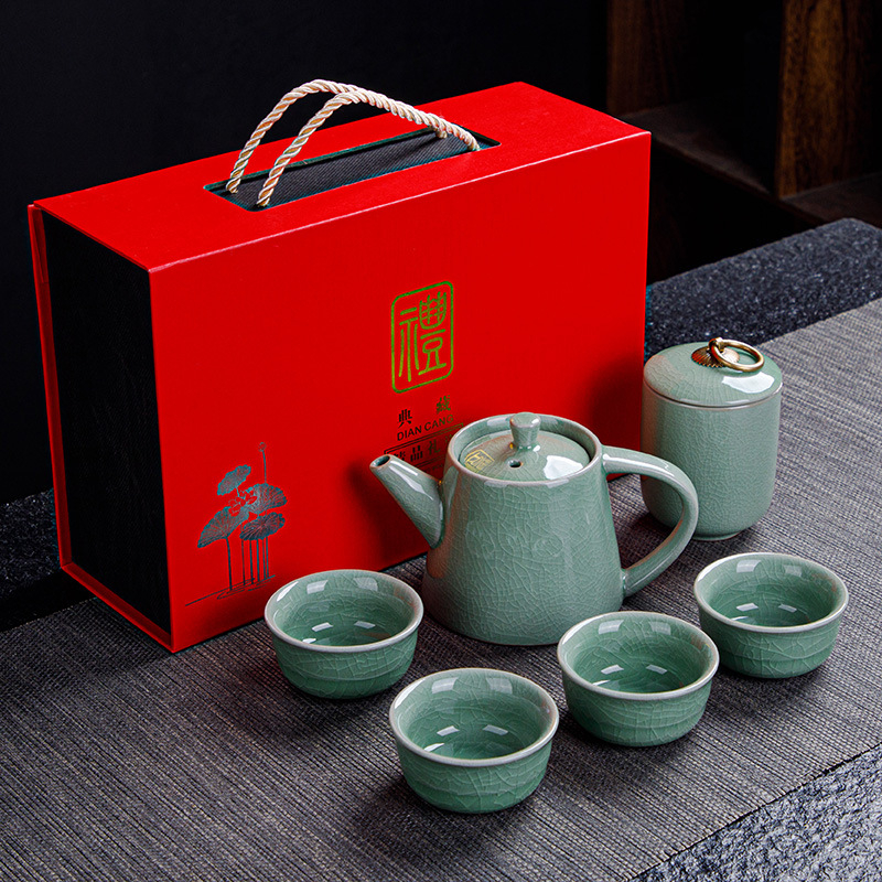 Ge Kiln Ru Kiln set de ceai Kung Fu din ceramică, cu logo imprimat, personalizabil, cutie cadou, pentru 3-5 persoane