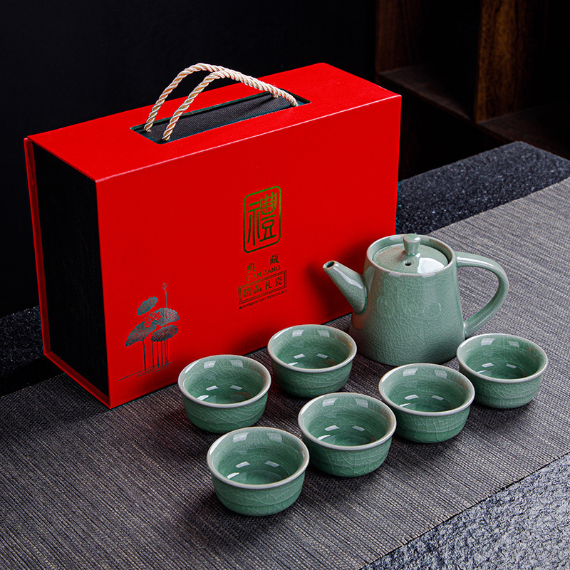 Ge Kiln Ru Kiln set de ceai Kung Fu din ceramică, cu logo imprimat, personalizabil, cutie cadou, pentru 3-5 persoane