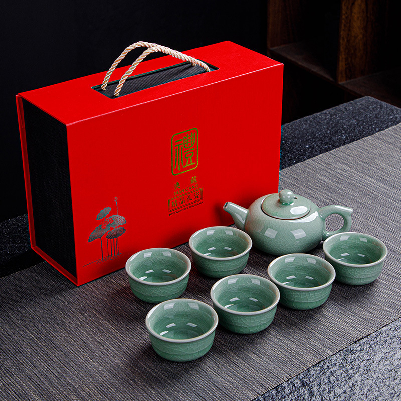 Ge Kiln Ru Kiln set de ceai Kung Fu din ceramică, cu logo imprimat, personalizabil, cutie cadou, pentru 3-5 persoane