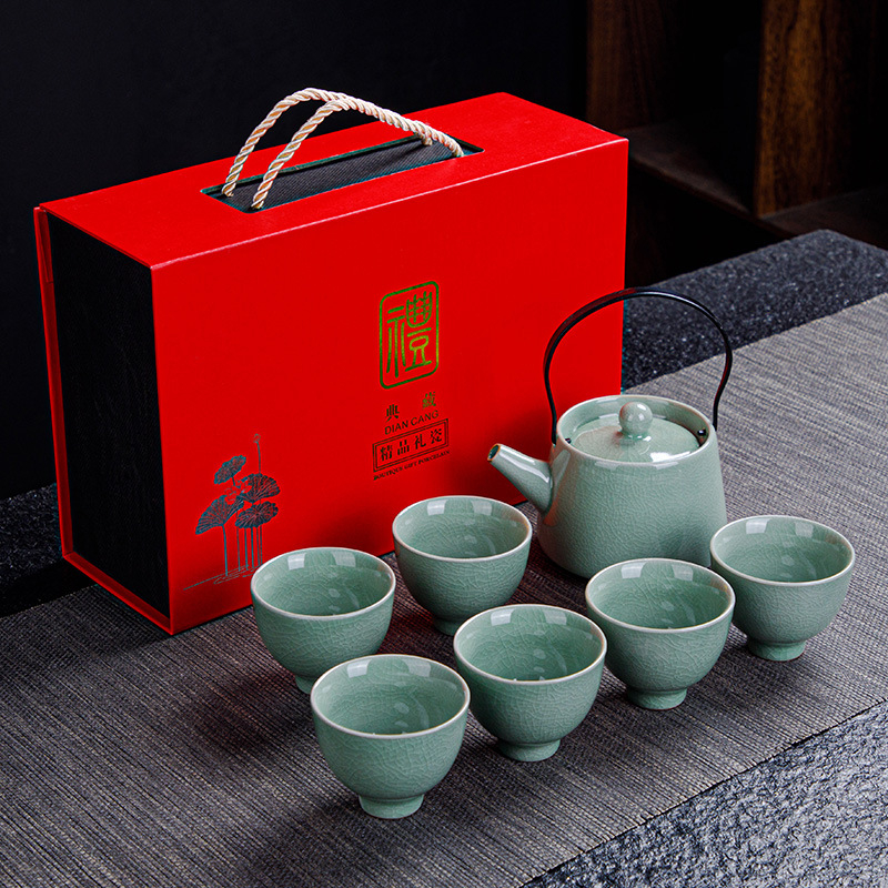 Ge Kiln Ru Kiln set de ceai Kung Fu din ceramică, cu logo imprimat, personalizabil, cutie cadou, pentru 3-5 persoane