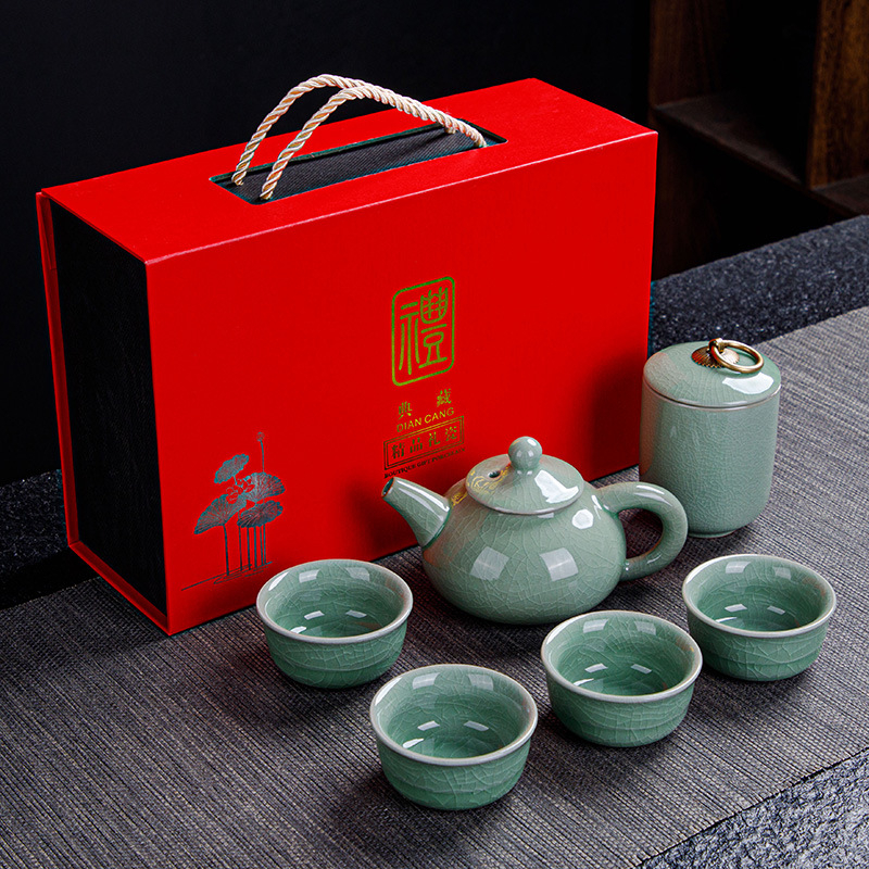 Ge Kiln Ru Kiln set de ceai Kung Fu din ceramică, cu logo imprimat, personalizabil, cutie cadou, pentru 3-5 persoane