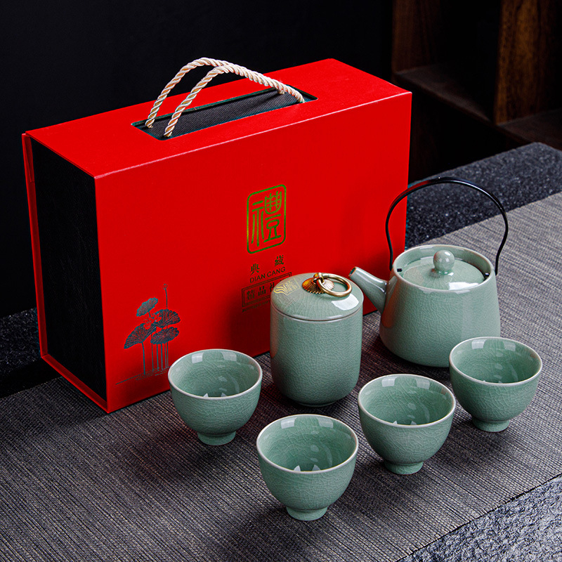 Ge Kiln Ru Kiln set de ceai Kung Fu din ceramică, cu logo imprimat, personalizabil, cutie cadou, pentru 3-5 persoane