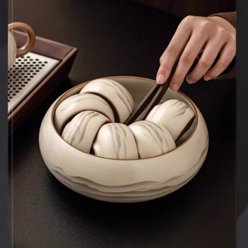 Ceainic ceramic cu motiv munte și apă, set de ceai cu cești și bol, stil modern minimalist, lux discret