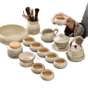 Ceainic ceramic cu motiv munte și apă, set de ceai cu cești și bol, stil modern minimalist, lux discret