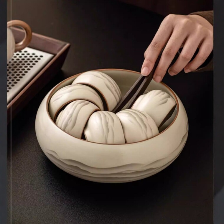 Ceainic ceramic cu motiv munte și apă, set de ceai cu cești și bol, stil modern minimalist, lux discret