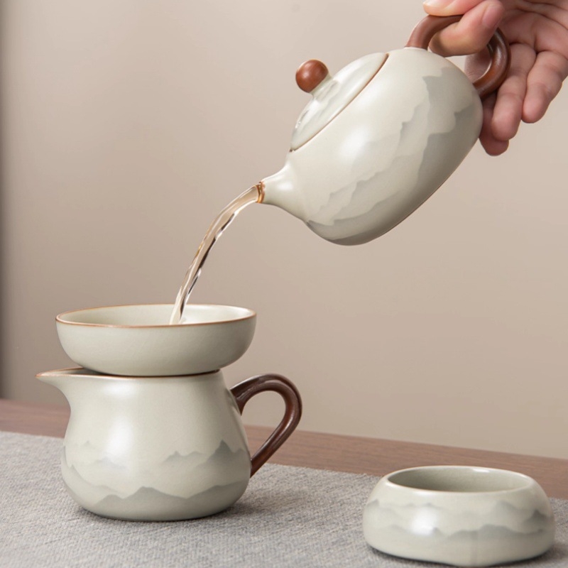 Ceainic ceramic cu motiv munte și apă, set de ceai cu cești și bol, stil modern minimalist, lux discret
