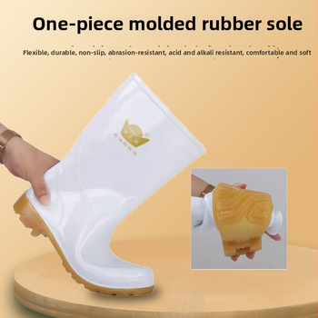 Biele PVC gumové čižmy do dažďa s vysokým vrchným dielom a podrážkou z teľacej šľachy, vodeodolné, odolné voči opotrebeniu, odolné voči kyselinám a zásadám, vhodné do kuchyne a vodného prostredia.