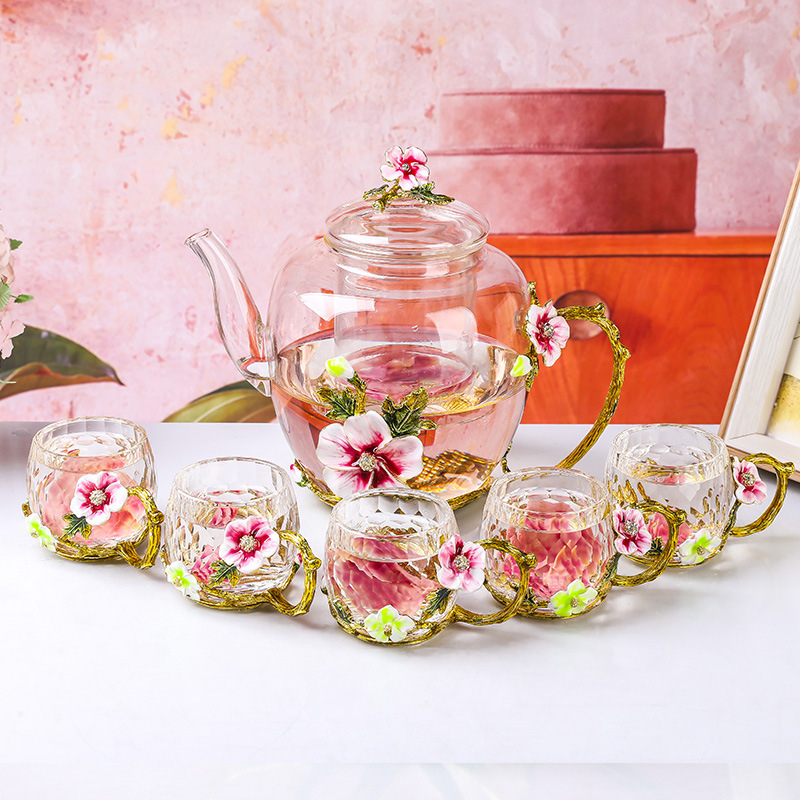Set de ceai cu cești din sticlă și ceainic, stil Kung Fu, cești florale, cadou, pahar de cristal