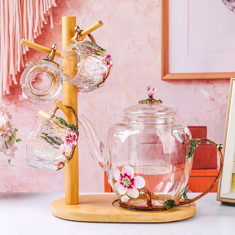 Set de ceai cu cești din sticlă și ceainic, stil Kung Fu, cești florale, cadou, pahar de cristal