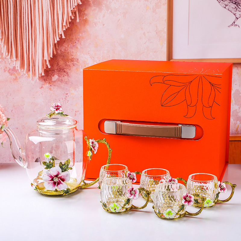 Set de ceai cu cești din sticlă și ceainic, stil Kung Fu, cești florale, cadou, pahar de cristal
