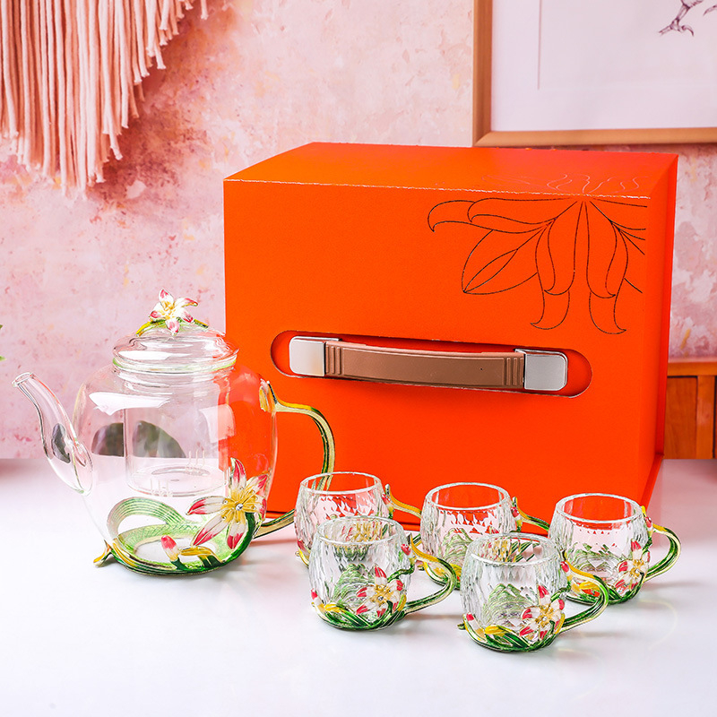 Set de ceai cu cești din sticlă și ceainic, stil Kung Fu, cești florale, cadou, pahar de cristal