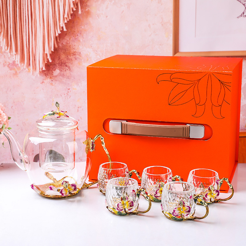 Set de ceai cu cești din sticlă și ceainic, stil Kung Fu, cești florale, cadou, pahar de cristal