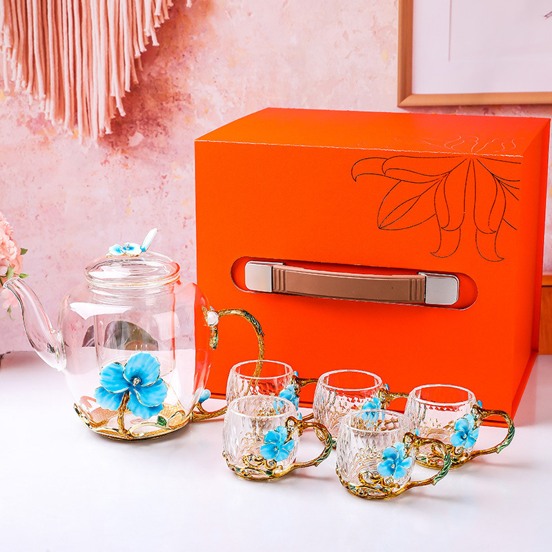 Set de ceai cu cești din sticlă și ceainic, stil Kung Fu, cești florale, cadou, pahar de cristal