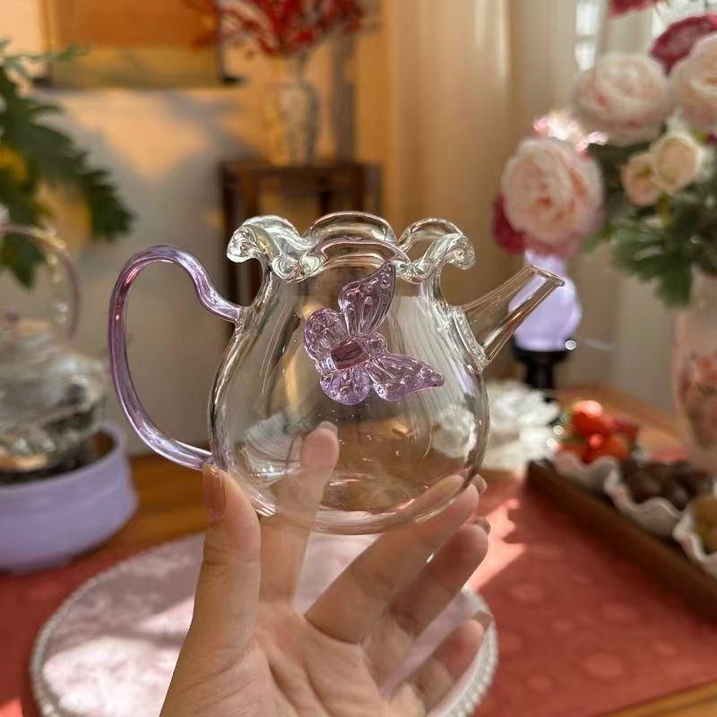 Ceainic din sticlă borosilikată cu filtru, pentru uz casnic, mic ceainic cu formă de fluture și ceașcă Gongdao – set Gongfu ceai