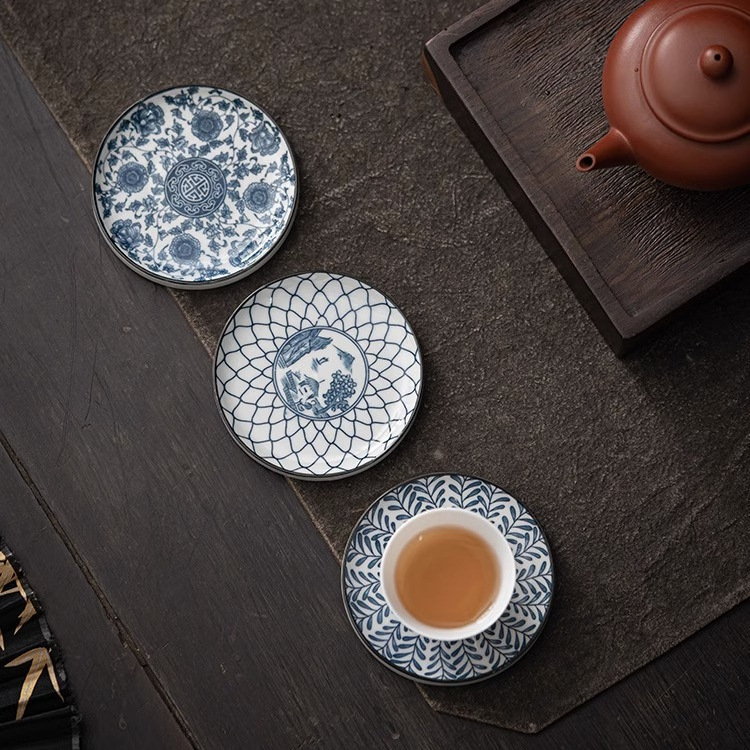 Covoraș circular din ceramică, albastru-alb, izolație termică, accesorii pentru setul Gongfu de ceai, suport pentru capacul tăvii de ceai