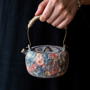 Ceainic ceramic multicolor, din lut pietros, cu mâner lateral, stil vintage