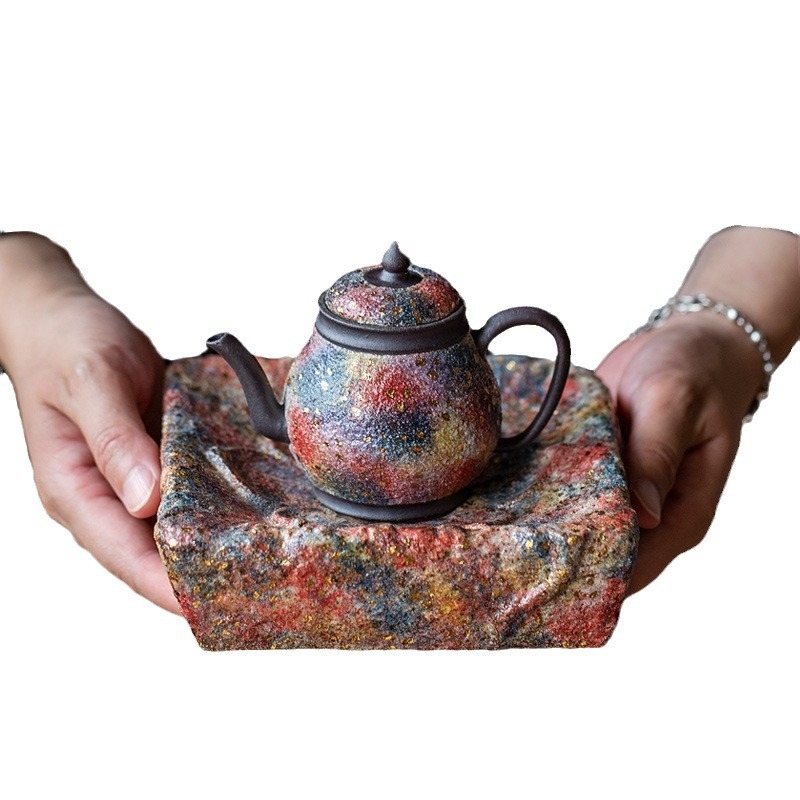 Ceainic ceramic multicolor, din lut pietros, cu mâner lateral, stil vintage