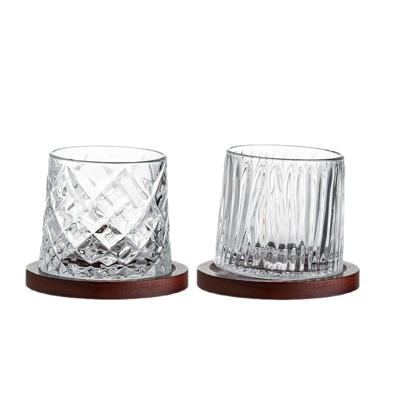 Pahar de whiskey din sticlă, stil elegant, cu bază rotativă și suport pentru pahar