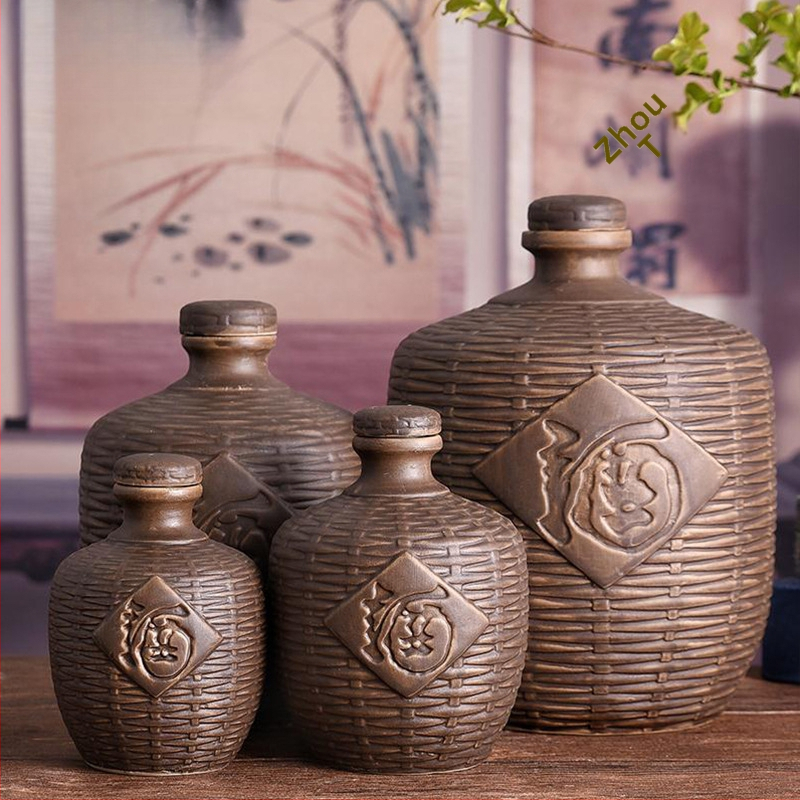 Sticlă ceramică mică, goală pentru vin, cu design antic ce imită împletitura de bambus, capacități 0,5/1/2,5/5 kg