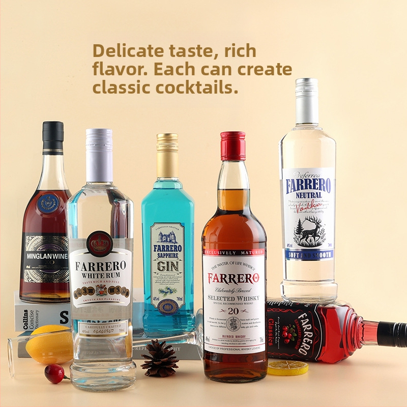 Set základov na koktaily: vodka, sirup likéru, biely rum, zahraničné alkoholy, whisky a XO brandy