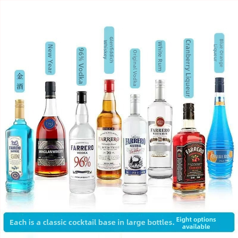 Set základov na koktaily: vodka, sirup likéru, biely rum, zahraničné alkoholy, whisky a XO brandy