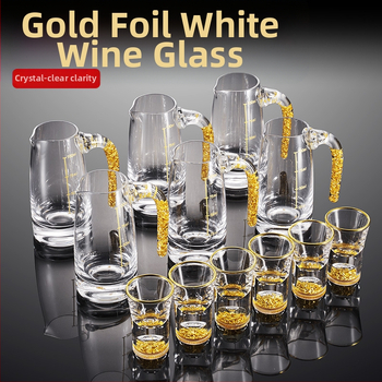 Set de pahare de lichior cu foiță de aur și sticlă cristal, pahar shot cu formă de glonț și dozator, lux discret cu marcaj de măsurare