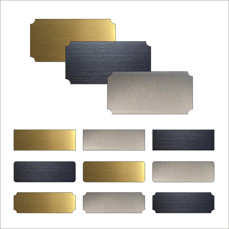 Placă de identificare din oțel inoxidabil, goală, pentru gravare cu laser, finisaj șlefuit; culori: aur, titan negru, argintiu; dimensiuni 76,2 x 25,4 mm; 10 bucăți cu spate adeziv.
