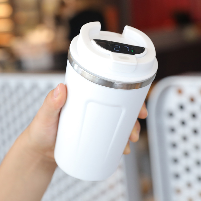 Ceșcă de cafea cu pereți dubli în vid, afișaj al temperaturii, termos portabil, rezistentă la cădere, interior din oțel inoxidabil 304, exterior din oțel inoxidabil 201