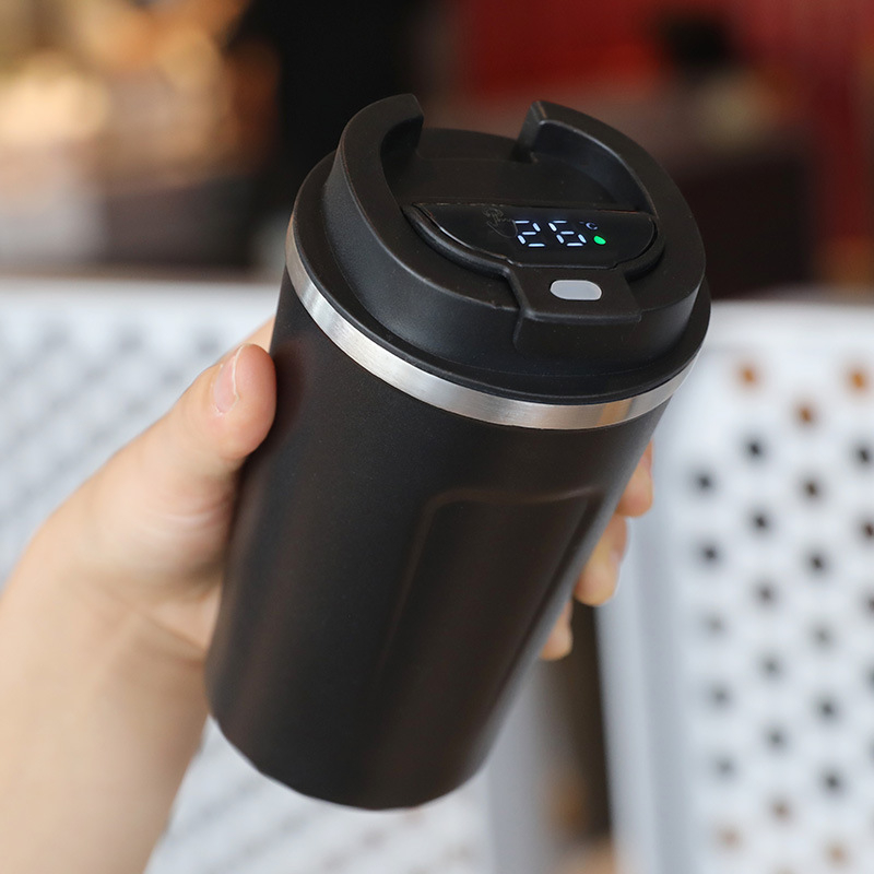 Ceșcă de cafea cu pereți dubli în vid, afișaj al temperaturii, termos portabil, rezistentă la cădere, interior din oțel inoxidabil 304, exterior din oțel inoxidabil 201