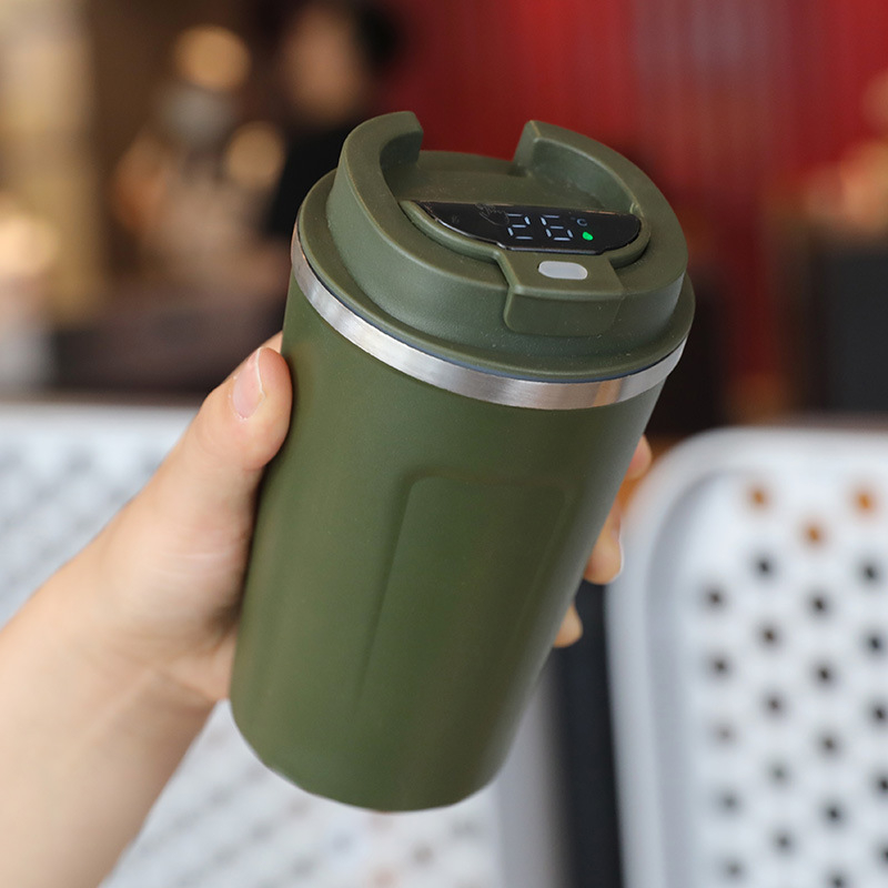 Ceșcă de cafea cu pereți dubli în vid, afișaj al temperaturii, termos portabil, rezistentă la cădere, interior din oțel inoxidabil 304, exterior din oțel inoxidabil 201