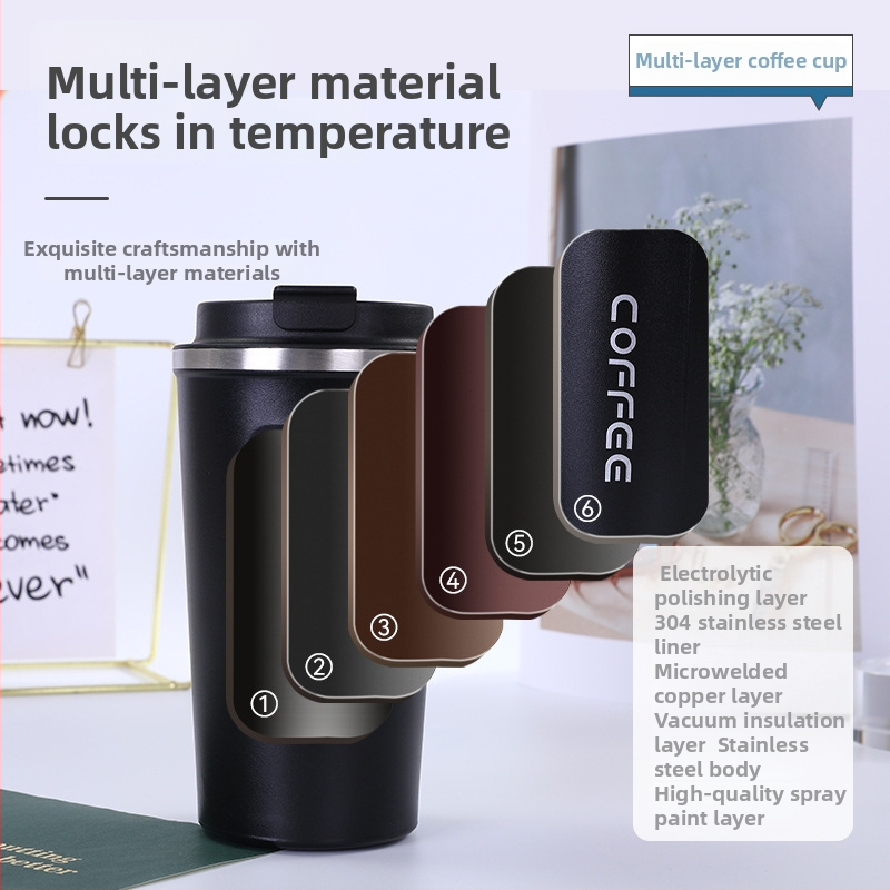 Cească de cafea minimalistă din oțel inoxidabil 304, a doua generație, capac basculant pentru băut direct, izolație cu pereți dubli
