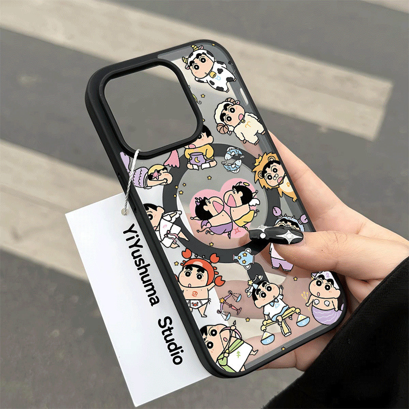 Maska za iPhone s zaštitom od pada, karikatura dizajn s magnetskim cvijećem i psićem, kožni dojam, tvrdo akrilno kućište