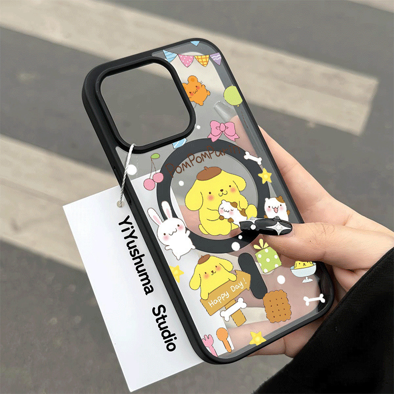 Maska za iPhone s zaštitom od pada, karikatura dizajn s magnetskim cvijećem i psićem, kožni dojam, tvrdo akrilno kućište