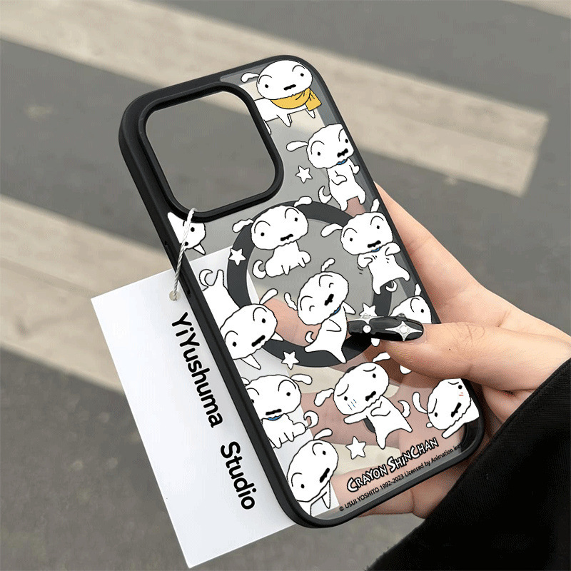 Maska za iPhone s zaštitom od pada, karikatura dizajn s magnetskim cvijećem i psićem, kožni dojam, tvrdo akrilno kućište