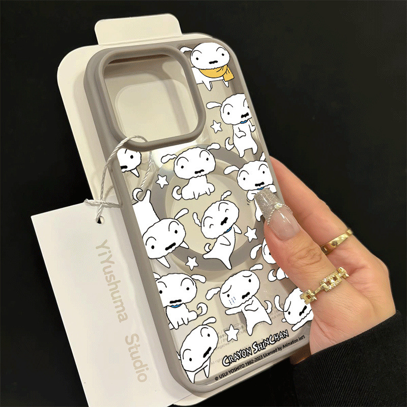 Maska za iPhone s zaštitom od pada, karikatura dizajn s magnetskim cvijećem i psićem, kožni dojam, tvrdo akrilno kućište