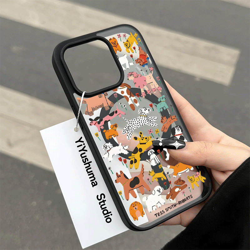 Maska za iPhone s zaštitom od pada, karikatura dizajn s magnetskim cvijećem i psićem, kožni dojam, tvrdo akrilno kućište