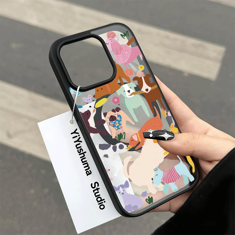 Maska za iPhone s zaštitom od pada, karikatura dizajn s magnetskim cvijećem i psićem, kožni dojam, tvrdo akrilno kućište