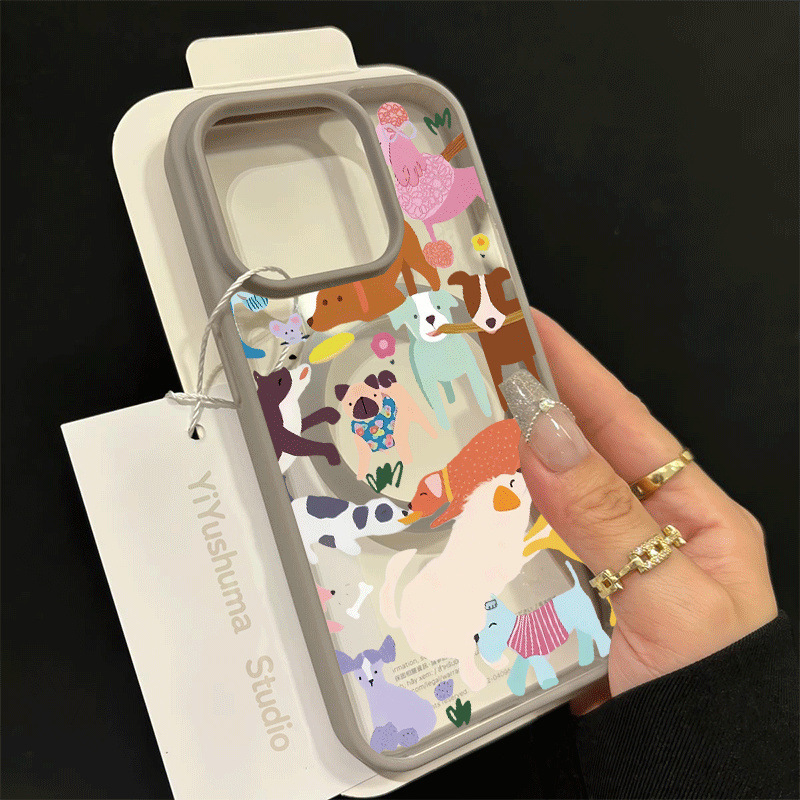 Maska za iPhone s zaštitom od pada, karikatura dizajn s magnetskim cvijećem i psićem, kožni dojam, tvrdo akrilno kućište