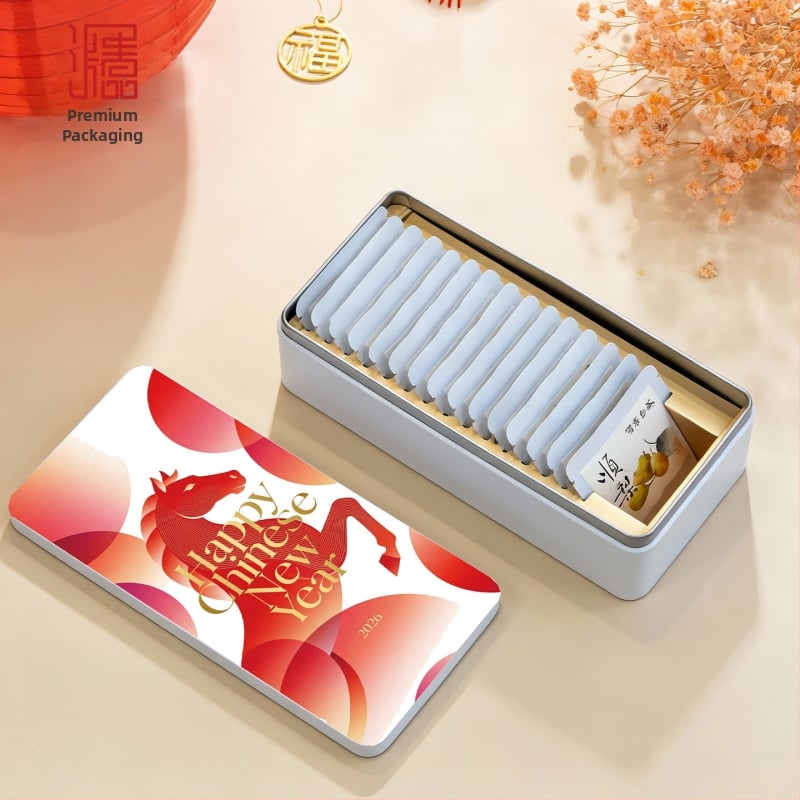 Cutie metalică goală pentru ambalaj ceai, cutie cadou cu 15 pliculețe mici pătrate – ceai alb Pu'er biscuit, design minimalist