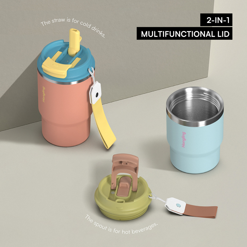 Cană termică din oțel inoxidabil, cu mâner și șnur de purtare, personalizabilă