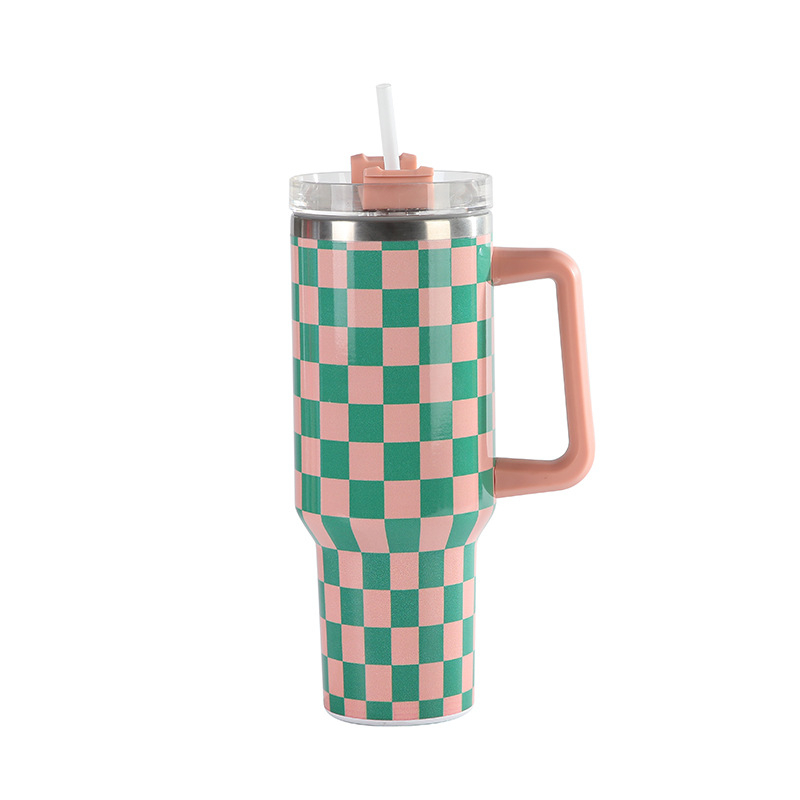Prima generație cană termos cu model 5D tablă de șah, capacitate mare, oțel inoxidabil, 40oz, cu mâner auto